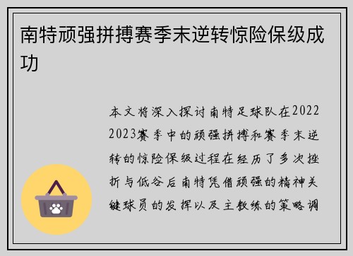南特顽强拼搏赛季末逆转惊险保级成功 南特顽强拼搏赛季末逆转惊险保级成功