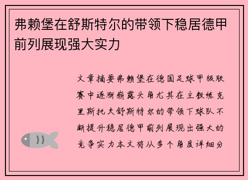 弗赖堡在舒斯特尔的带领下稳居德甲前列展现强大实力